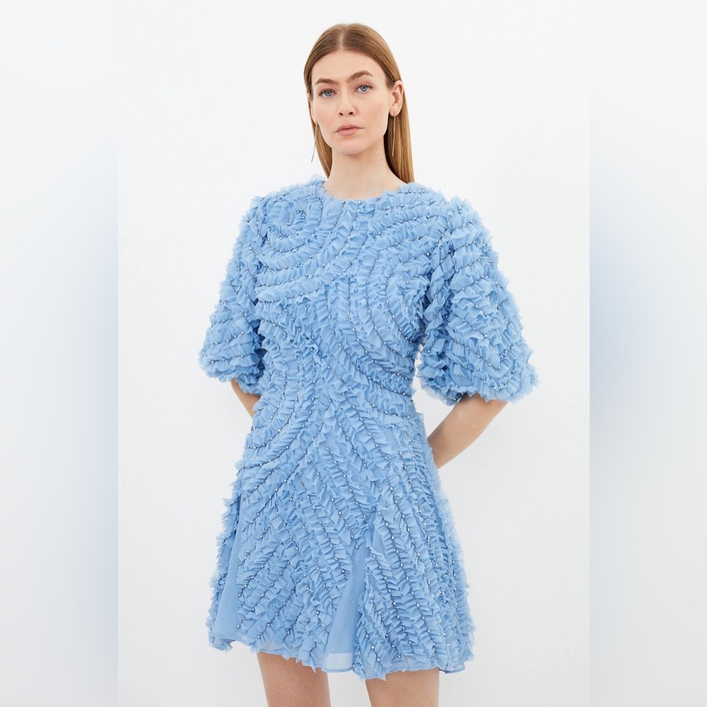 NWT Embellished Ruffle Puff Sleeve Woven Mini Dress